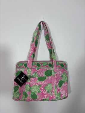 Tanya Lee Pink Zipper Tote bag with Green Turtle Print NWT Quilted Novelty